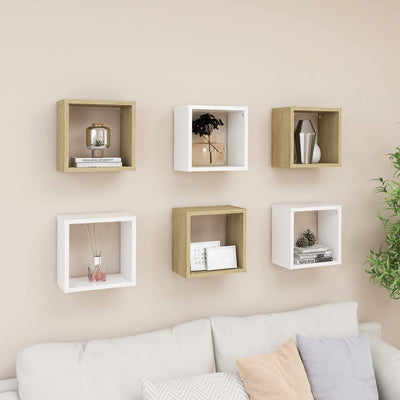 Wall Cube Shelves 6 pcs White and Sonoma Oak 26x15x26 cm