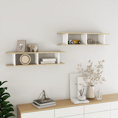 Wall Shelves 2 pcs White and Sonoma Oak 90x18x20 cm Engineered Wood