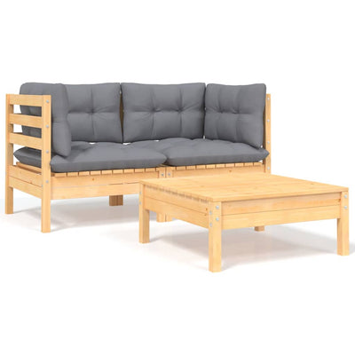 3 Piece Garden Lounge Set with Grey Cushions Solid Pinewood - Payday Deals