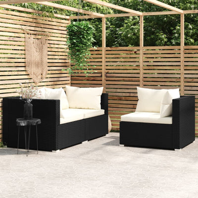3 Piece Garden Lounge Set with Cushions Black Poly Rattan