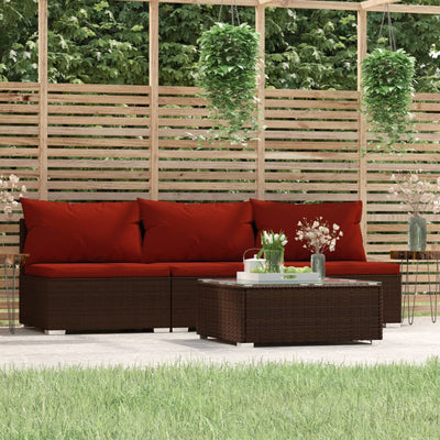 4 Piece Garden Lounge Set with Cushions Brown Poly Rattan