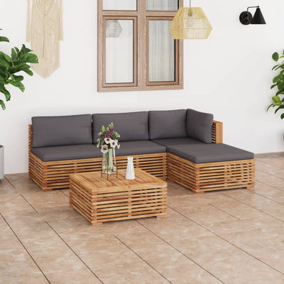 5 Piece Garden Lounge Set with Dark Grey Cushion Solid Teak Wood