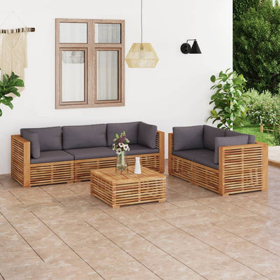 6 Piece Garden Lounge Set with Dark Grey Cushion Solid Teak Wood