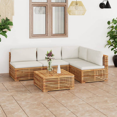 5 Piece Garden Lounge Set with Cream Cushion Solid Teak Wood