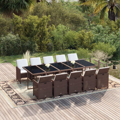 11 Piece Garden Dining Set with Cushions Poly Rattan Brown