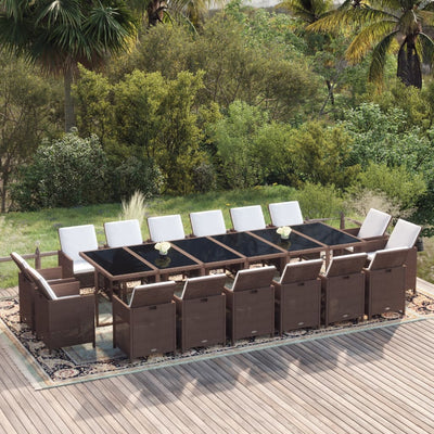17 Piece Garden Dining Set with Cushions Poly Rattan Brown