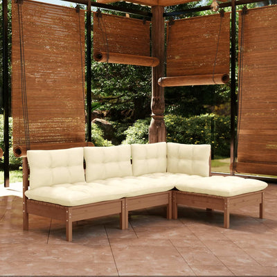 4 Piece Garden Lounge Set with Cushions Honey Brown Pinewood