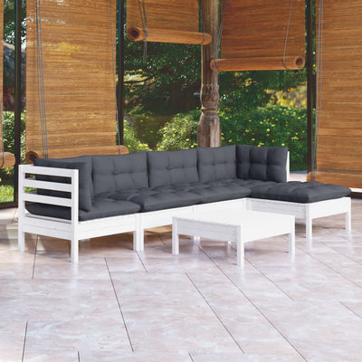 6 Piece Garden Lounge Set with Cushions White Pinewood