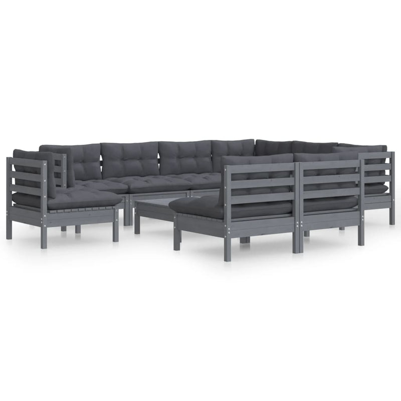 10 Piece Garden Lounge Set with Cushions Grey Solid Pinewood