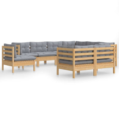 9 Piece Garden Lounge Set with Grey Cushions Solid Pinewood