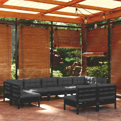 9 Piece Garden Lounge Set with Cushions Black Solid Pinewood