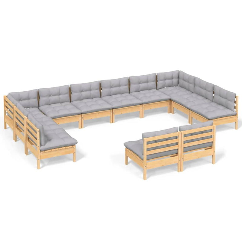 12 Piece Garden Lounge Set with Grey Cushions Solid Pinewood