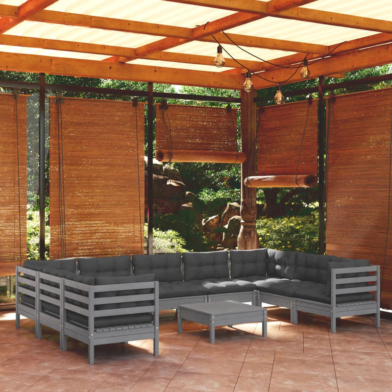 10 Piece Garden Lounge Set with Cushions Grey Pinewood