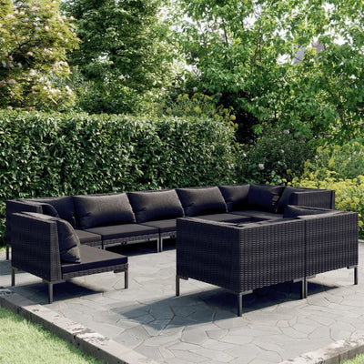 9 Piece Garden Lounge Set with Cushions Round Rattan Dark Grey