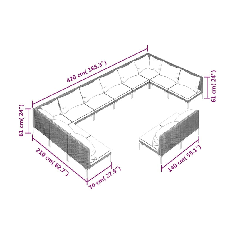 12 Piece Garden Lounge Set with Cushions Poly Rattan Dark Grey