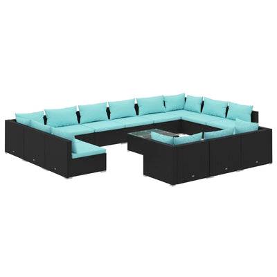 14 Piece Garden Lounge Set with Cushions Black Poly Rattan
