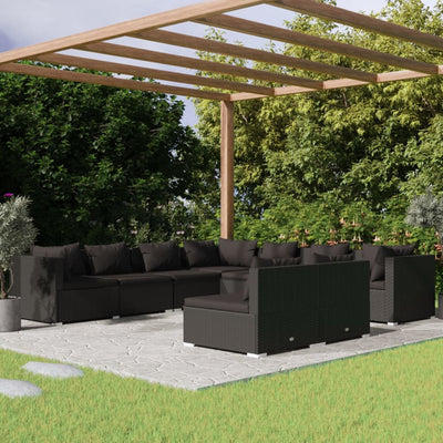 9 Piece Garden Lounge Set with Cushions Black Poly Rattan