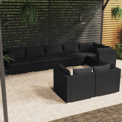 8 Piece Garden Lounge Set with Cushions Black Poly Rattan