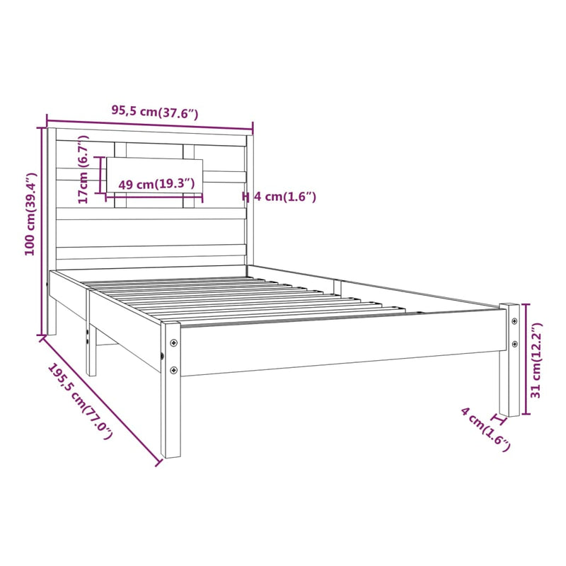 Bed Frame Black Solid Wood 90x190 cm 3FT Single