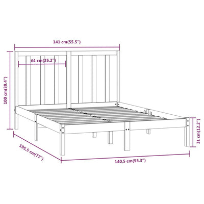 Bed Frame Black Solid Wood Pine 137x187 Double Size