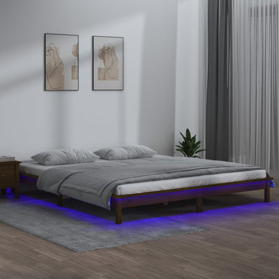 LED Bed Frame Honey Brown 153x203 cm Queen Size Solid Wood