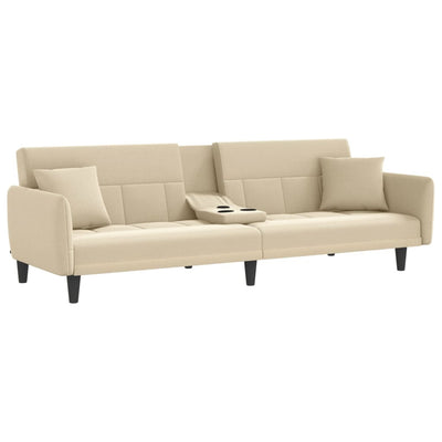Sofa Bed with Cup Holders Cream Fabric