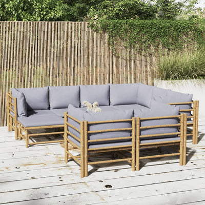 10 Piece Garden Lounge Set with Light Grey Cushions Bamboo