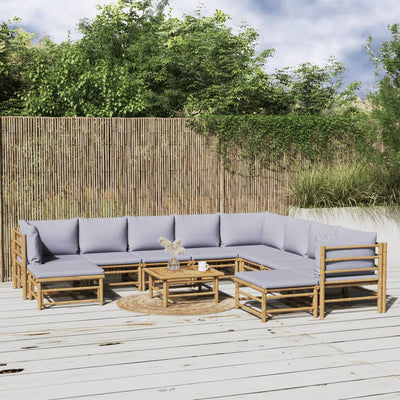 11 Piece Garden Lounge Set with Light Grey Cushions Bamboo