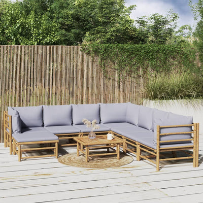 9 Piece Garden Lounge Set with Light Grey Cushions Bamboo
