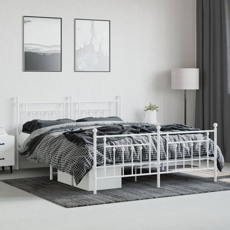 Metal Bed Frame with Headboard and Footboard White 183x203 cm King Size