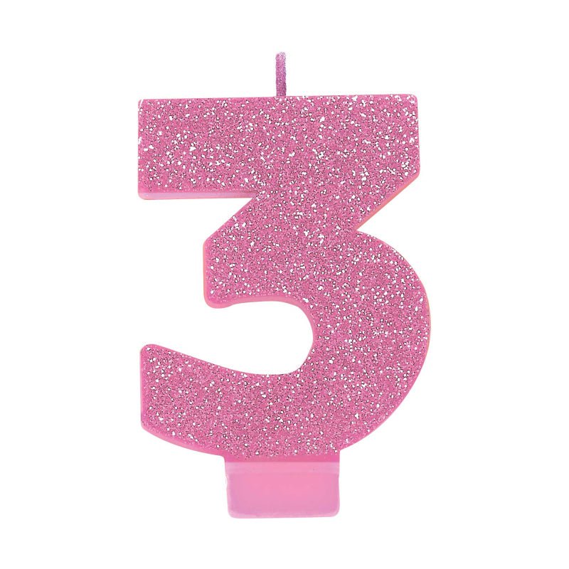 Number 3 Birthday Pink Glitter Candle