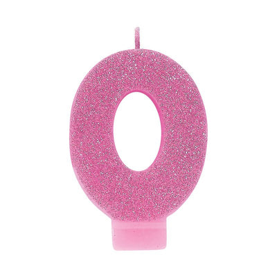Number 0 Birthday Pink Glitter Candle