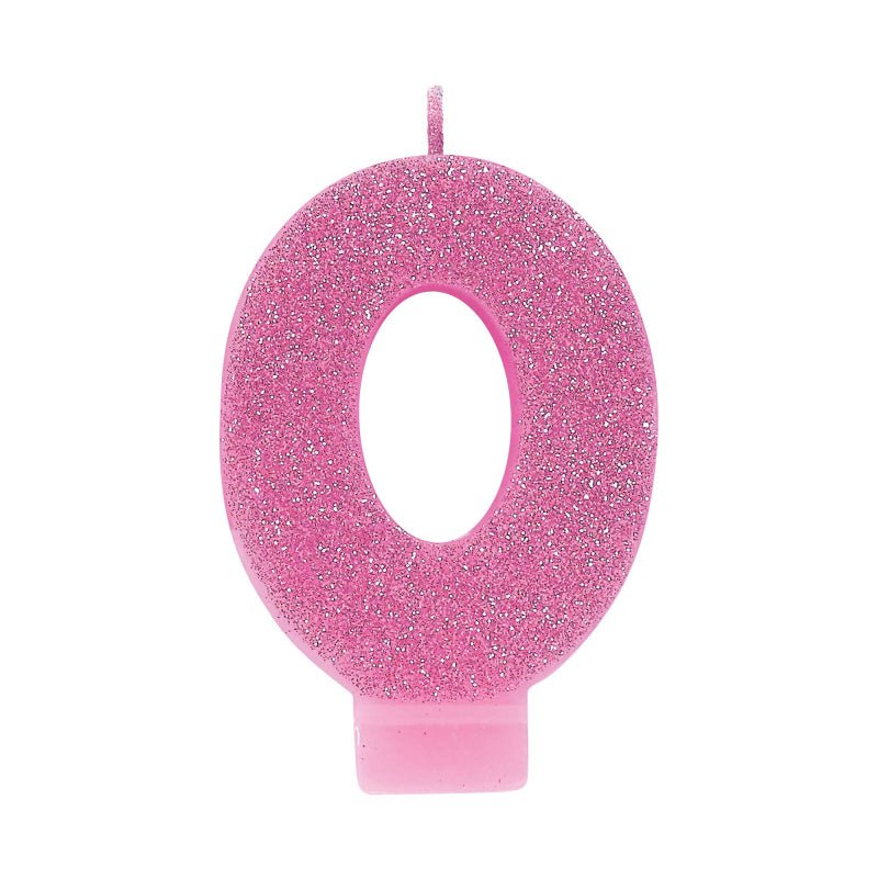 Number 0 Birthday Pink Glitter Candle