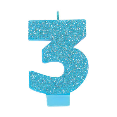 Number 3 Birthday Blue Glitter Candle