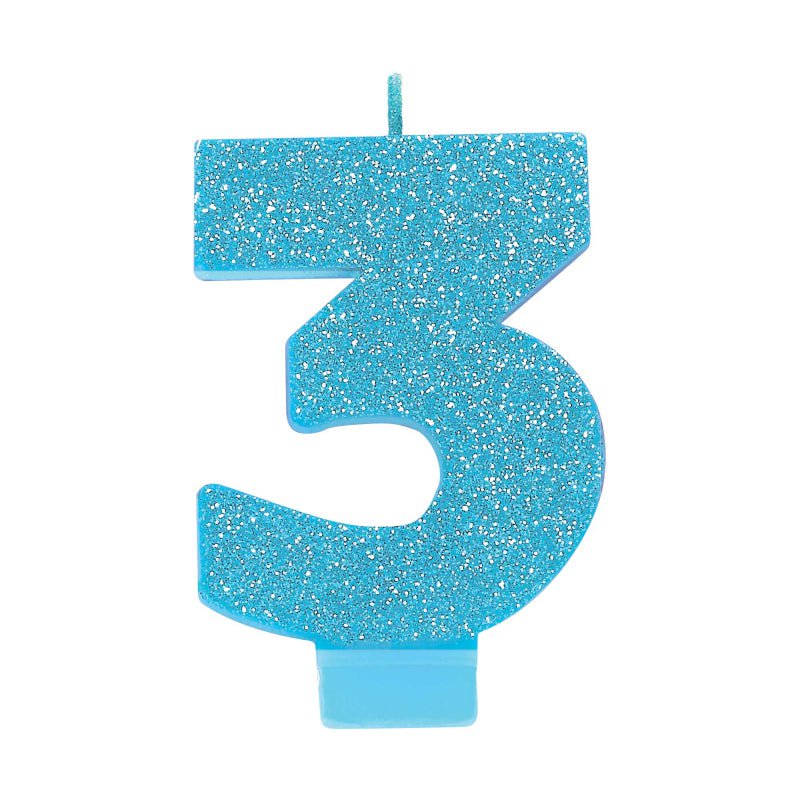 Number 3 Birthday Blue Glitter Candle