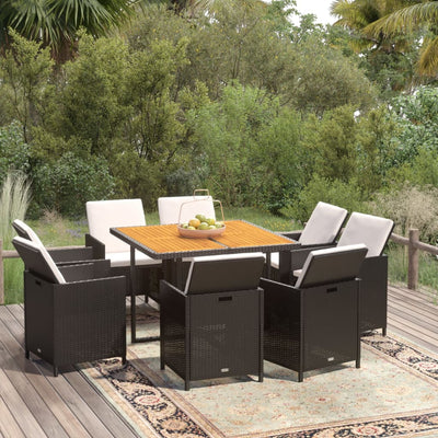 9 Piece Garden Dining Set with Cushions Poly Rattan Black