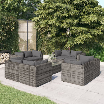 9 Piece Garden Lounge Set with Cushions Poly Rattan Grey Payday Deals