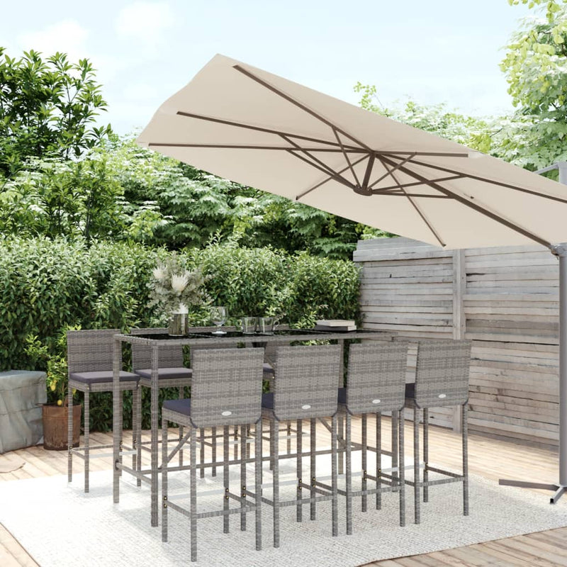 9 Piece Outdoor Bar Set with Cushions Grey Poly Rattan Payday Deals