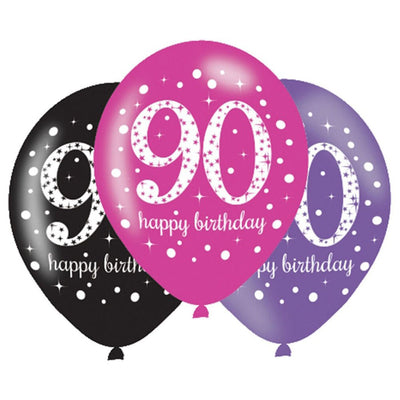 90th Birthday Sparkling Pink Celebration Latex Balloons 6 Pack