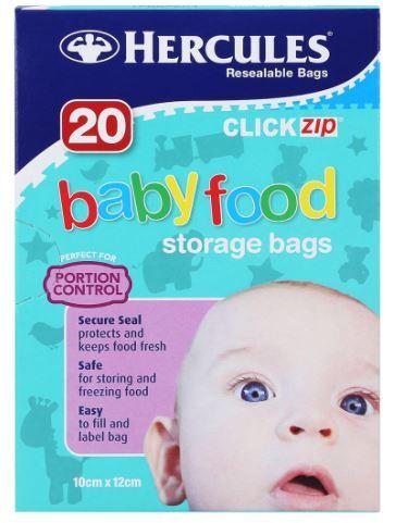 Hercules Pk20 10cm x 12cm Resealable Click Zip Baby Food Storage Bags Packaging