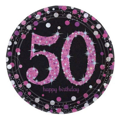 Pink Celebration 50th Happy Birthday Prismatic Plates 8 Pack
