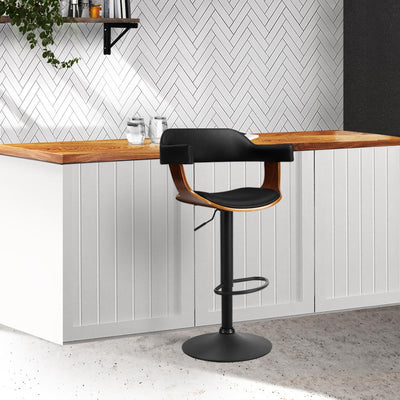 Artiss Bar Stool Curved Gas Lift PU Leather - Black and Wood - Payday Deals
