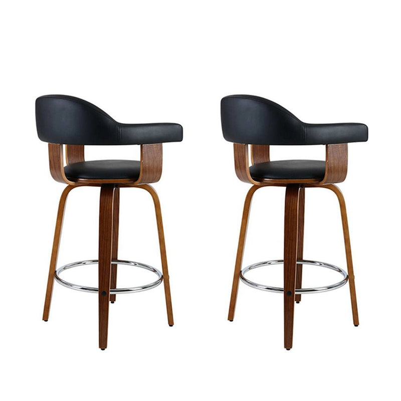 Artiss Set of 2 Bar Stools PU Leather Wooden Swivel - Wood, Chrome and Black - Payday Deals