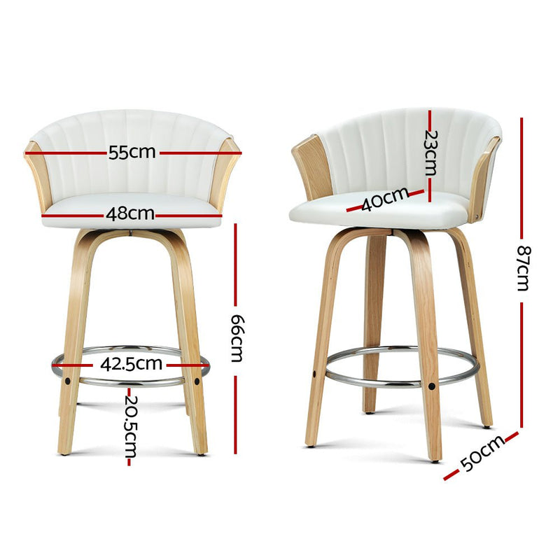 Artiss Set of 2 Bar Stools Kitchen Stool Wooden Chair Swivel Chairs Leather White