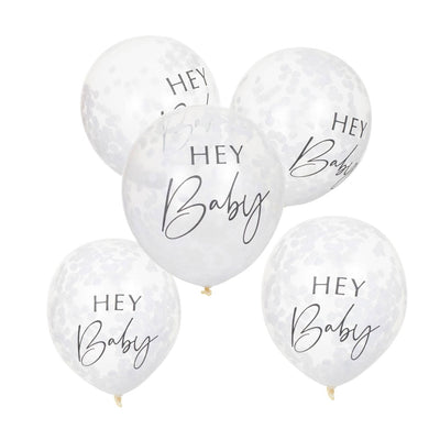 Baby Shower Hey Baby Confetti Latex Balloons 5 Pack