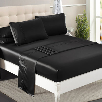 DreamZ Silky Satin Sheets Fitted Flat Bed Sheet Pillowcases Summer Double Black