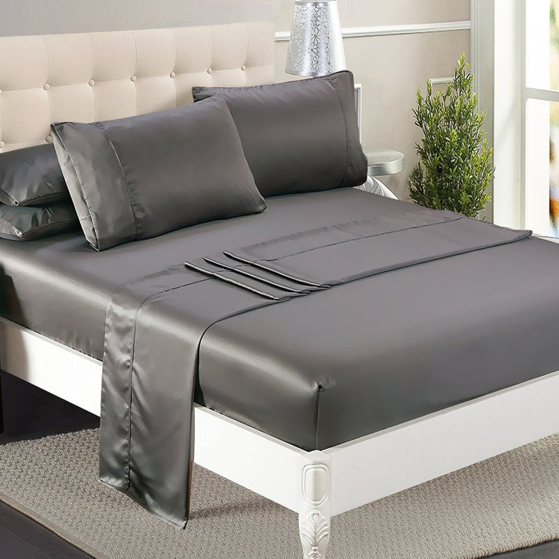 DreamZ Silky Satin Sheets Fitted Flat Bed Sheet Pillowcases Summer Double Grey Payday Deals