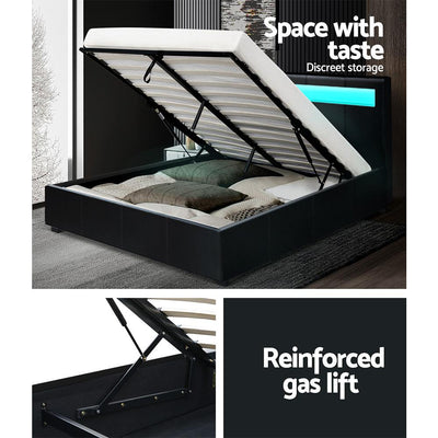 Artiss Cole LED Bed Frame PU Leather Gas Lift Storage - Black Double - Payday Deals