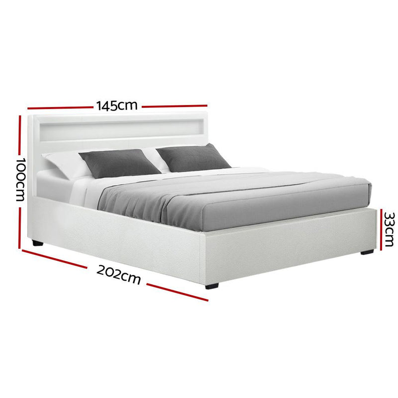 Artiss Cole LED Bed Frame PU Leather Gas Lift Storage - White Double - Payday Deals