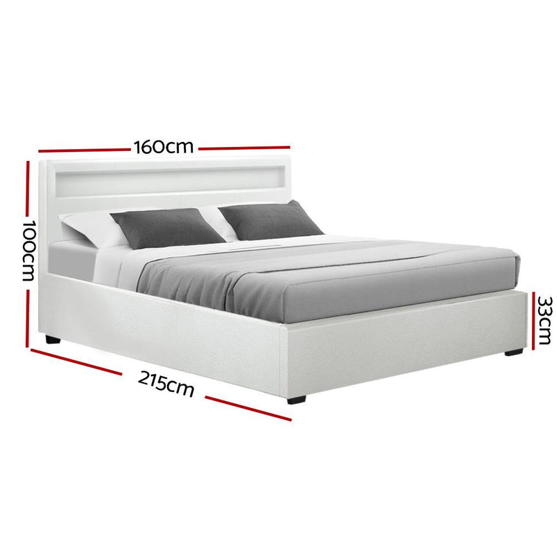 Artiss Cole LED Bed Frame PU Leather Gas Lift Storage - White Queen - Payday Deals